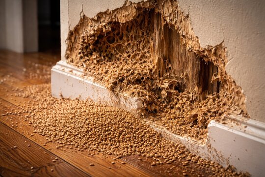 Visible drywood termite fecal pellets and damage patterns on residential wall surface