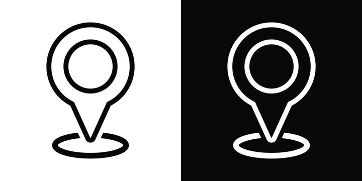 Outline map location pin with oval base ring vector icon. Clean black and white linear style navigation marker symbols for modern user interface and minimalist web design.