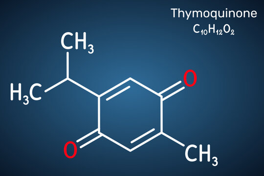 Thymoquinone molecule chemical structure, bioactive phytochemical compound of black cumin Nigella sativa. Dark blue background