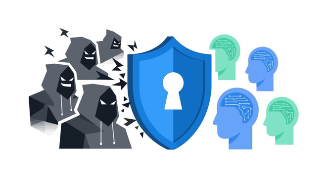 Cybersecurity Concept: Blue Shield Protecting Digital Identity and Human Intelligence from Hacker Attacks