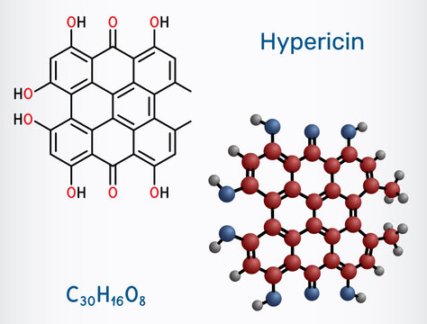 Hypericin molecule, red pigment, a derivative of anthraquinone. Bioactive compound of St John's wort. It is used in the treatment of depression