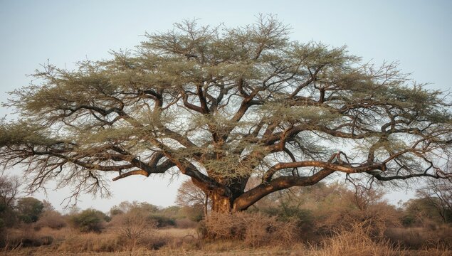A broad marula tree with sprawling branches in open air