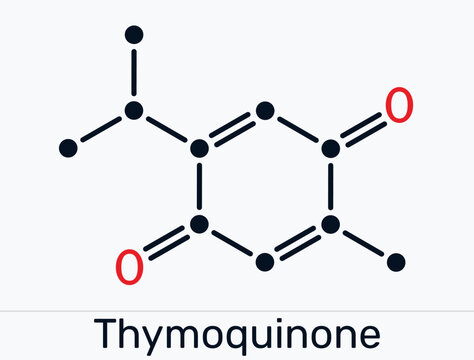 Thymoquinone molecule chemical structure, bioactive phytochemical compound of black cumin Nigella sativa. Skeletal chemical formula