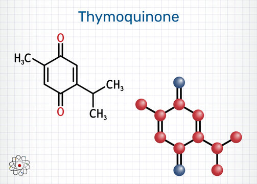 Thymoquinone molecule chemical structure, bioactive phytochemical compound of black cumin Nigella sativa. Sheet of paper in a cage