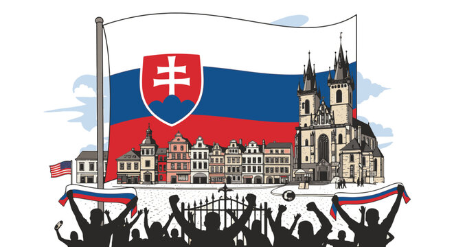 Vector illustration of the Slovakian national flag with a soccer ball, featuring the official coat of arms and colors white, blue, and red for football tournaments and sports events.