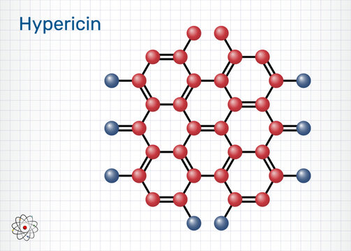 Hypericin molecule, red pigment, a derivative of anthraquinone. Bioactive compound of St John's wort. It is used in the treatment of depression. Sheet of paper in a cage