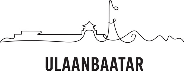 Ulaanbaatar Mongolia city skyline silhouette in a single continuous line drawing style with sans serif capital typography in outline style © lok0077