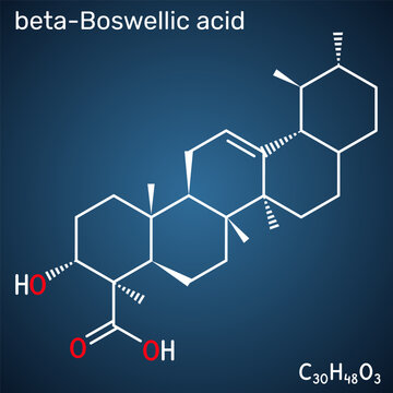 Beta-Boswellic acid pentacyclic terpenoid molecule. Produced by plants in the genus Boswellia, exhibits anti-inflammatory behavior. Dark blue background