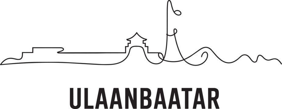 Ulaanbaatar Mongolia city skyline silhouette in a single continuous line drawing style with sans serif capital typography in outline style