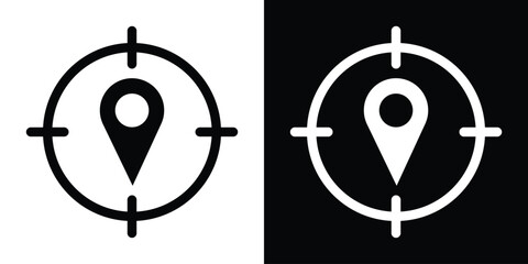 GPS target location map pointer icon. Solid black and white crosshair tracking symbols for pinpointing exact geographic position, navigation systems, and radar detection. © bibin