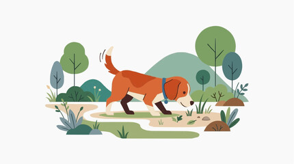 Fototapeta premium Cute cartoon dog walking in a park with trees and bushes