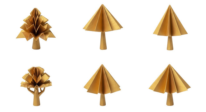 various gold origami paper trees on white background displayed for decoration or artistic purposes