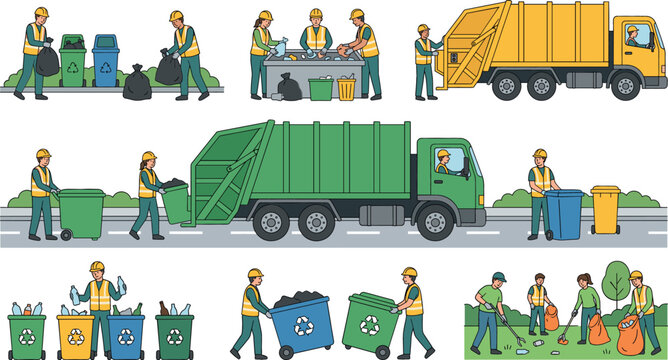 Waste management vector collection featuring garbage trucks, sanitation workers, recycling bins, and street cleaning scenes for environmental protection and urban service design.