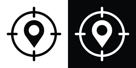GPS target location map pointer icon. Solid black and white crosshair tracking symbols for pinpointing exact geographic position, navigation systems, and radar detection. © bibin