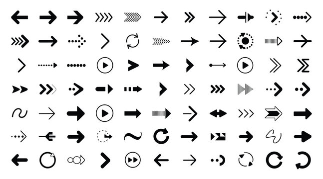Collection of black arrow and directional symbols featuring various styles including solid outlines dashed lines curved paths circular rotations and geometric shapes arranged in a grid
