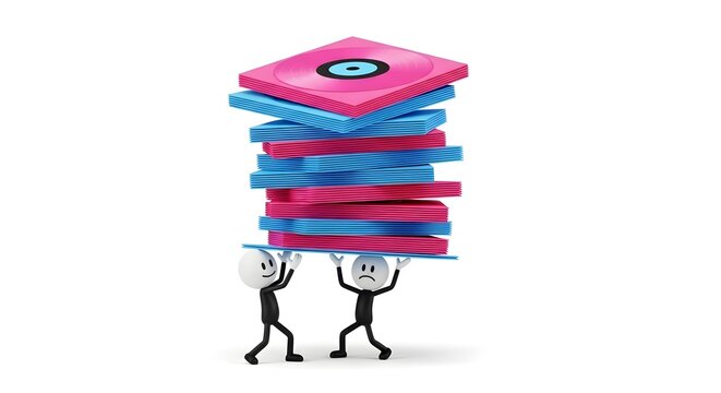 Two figures struggling to carry a huge stack of vinyl records