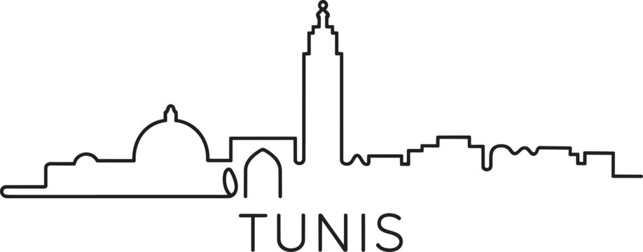 Tunis city skyline vector illustration featuring key architectural landmarks like a tall minaret, dome, and arch, drawn in a minimalist continuous
