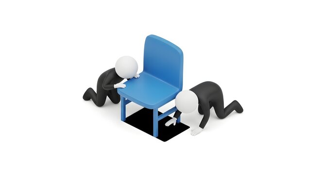 Small figures searching under a blue chair on white background