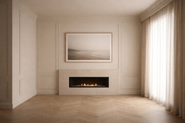 Fototapeta premium Minimalist beige empty room showing fireplace, large photograph, curtained window, and wall panels