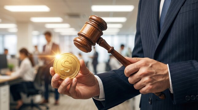 A businessman in a suit holding a wooden gavel and a gold dollar coin representing legal financial settlements and corporate law.