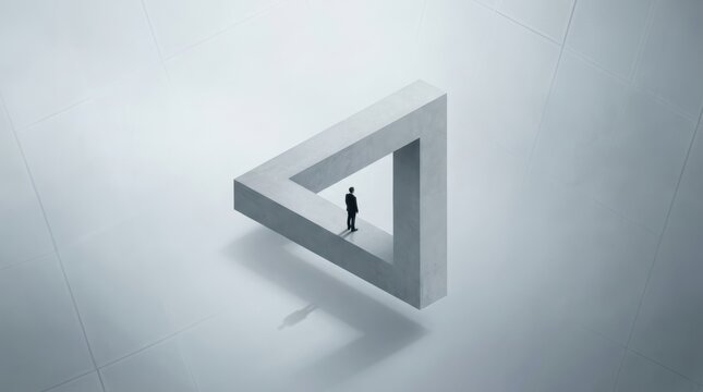 A businessman standing on an impossible Penrose triangle representing complex business challenges and strategic thinking.