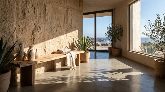 Interior de una casa costera con pared de arenisca y suelo pulido