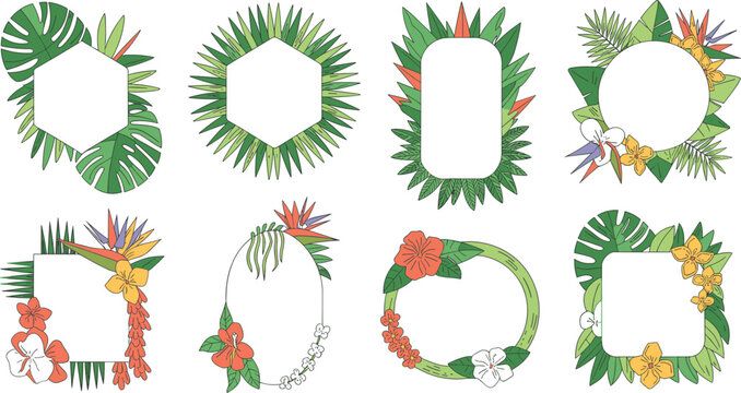 Tropical Leaf and Exotic Flower Frame Border Vector Set with Hibiscus, Plumeria, and Palm Leaves for Wedding Invitations, Greeting Cards, and Summer Marketing Designs