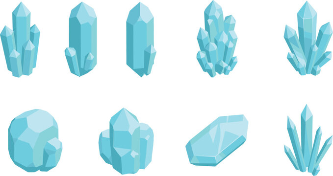 Set of light blue isometric crystal vectors with flat geometric facets for magic gems, ice shards, and gaming assets.