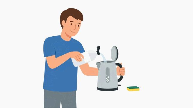 Man pouring liquid from bottle into electric kettle for cleaning limescale deposits with sponge nearby