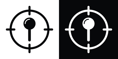 GPS target location map pointer icon. Solid black and white crosshair tracking symbols for pinpointing exact geographic position, navigation systems, and radar detection. © bibin