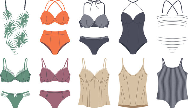 Women Lingerie and Swimwear Vector Set with Bikinis, Underwear, Swimsuits, and Camisole Illustrations for Fashion, Beauty, and Retail Marketing Designs