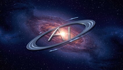Fototapeta premium AI symbol expressing a planetary orbit within a luminous star galaxy