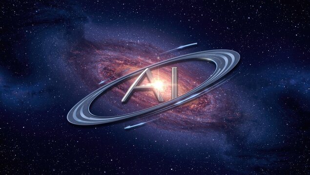 AI symbol expressing a planetary orbit within a luminous star galaxy
