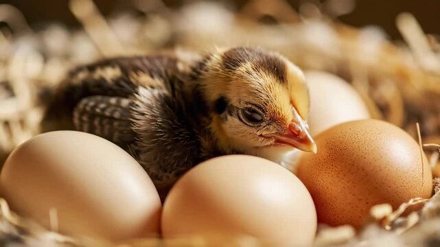 A newborn baby chick resting among brown eggs in a straw nest on a farm.