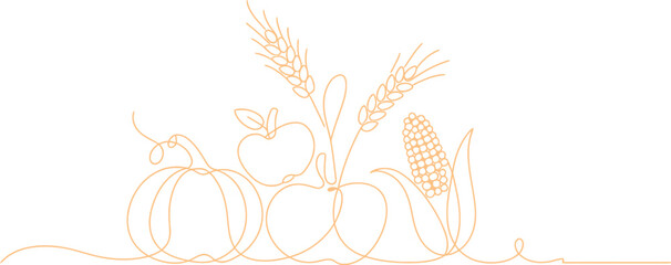 Vector Illustration Autumn harvest continuous line art vector illustration featuring pumpkin apple corn and wheat stalk farm product design. © Abdul