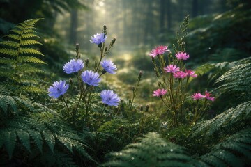 Obraz premium Wild chicory and centaury flowers blooming with dewy ferns in serene forest