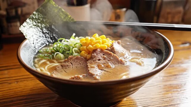 A steaming bowl of authentic japanese ramen noodle soup topped with sliced pork chashu corn and green onions.