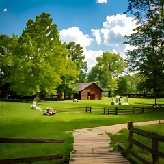 Obraz premium Sunny rural scene with wooden structures, trees, and green grass