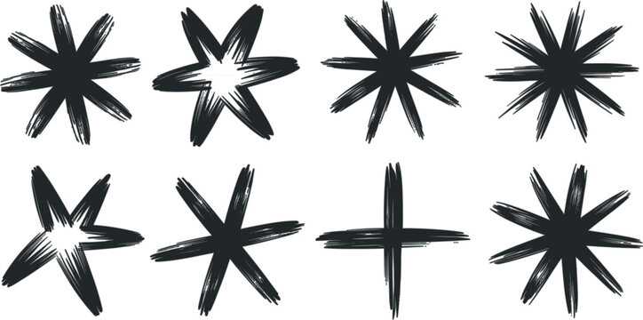 Hand-drawn star burst collection vector illustration, sketch decorative asterisk symbols set, artistic highlight isolated background
