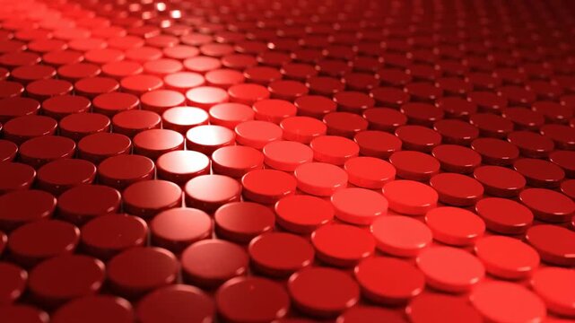 Abstract 3d render of red geometric cylinders in a repeating pattern with glossy finish and perspective depth.