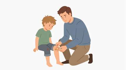 Fototapeta premium Father applying bandage to injured knee of sad child