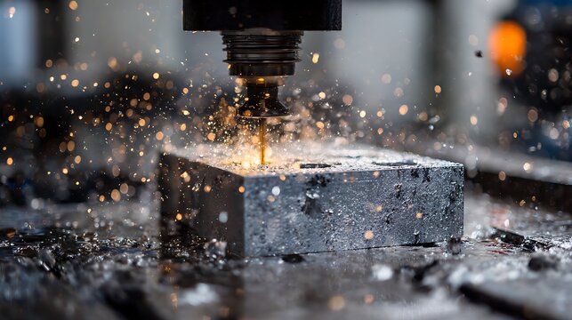 Industrial CNC milling machine cutting metal with sparks.