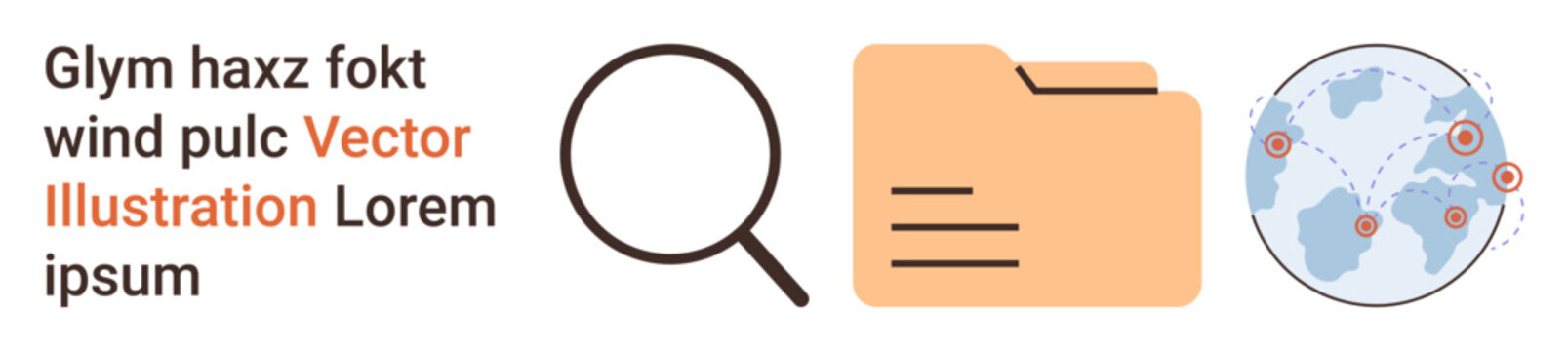 Data analysis, global search, cloud storage, localization, digital organization, file management. Magnifying glass, folder and world map indicate data search and access. Data analysis and global