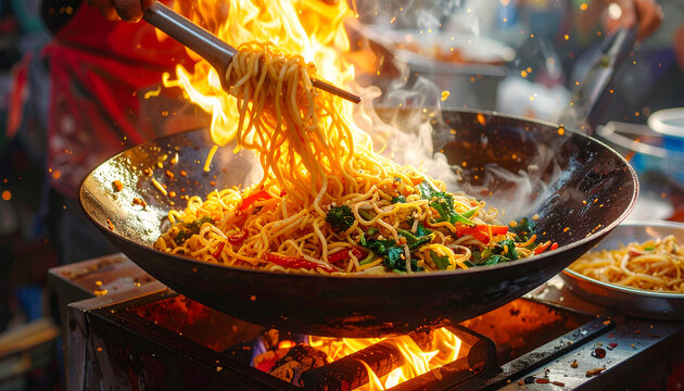 Chef cooking meat and vegetables over a hot grill fire in a restaurant kitchen