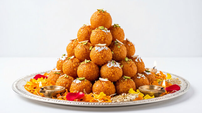 Motichoor Laddoo Pyramid on Silver Thali with Oil Lamps and Flower Petals