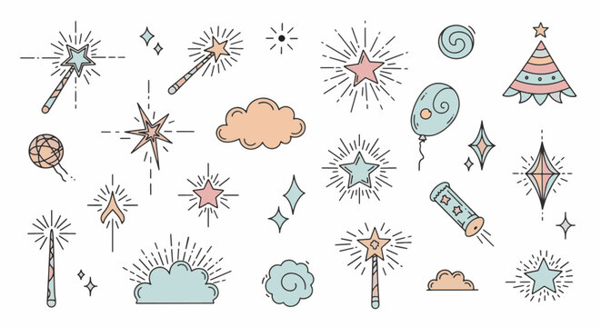Set of cute hand-drawn magic elements vector illustration including potion bottles, crystal balls, crescent moons, stars, magic wands, and celestial doodles on a white background.