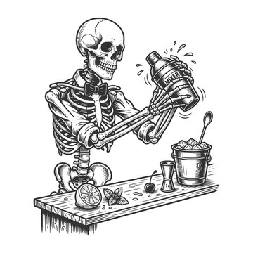 skeleton bartender shaking a cocktail mixer beside ice, citrus, mint, and bar tools sketch engraving generative ai fictional character vector illustration. Scratch board imitation. Black and white.
