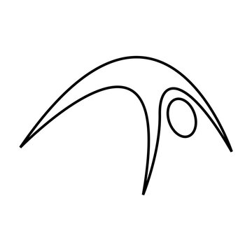 Outline style of a person executing a backbend bridge pose into a full wheel position with limbs extending down. Related to spinal flexibility, back strength, gymnastics maneuvers, yoga workshops
