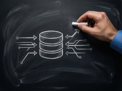 Minimalist database diagram in white chalk on a black chalkboard, with inbound and outbound arrows and a hand finishing the drawing.

