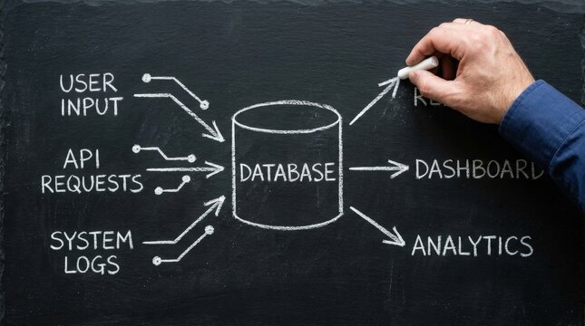 Minimalist database diagram in white chalk on a black chalkboard, with inbound and outbound arrows and a hand finishing the drawing.

